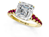 Yellow gold Asscher Cut Diamond Cathedral Solitaire Ring with Round with Garnet side stone Pavé Band_13