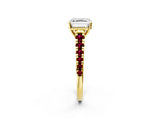 Yellow gold Asscher Cut Diamond Cathedral Solitaire Ring with Round with Garnet side stone Pavé Band_14