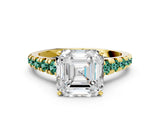 Yellow gold Asscher Cut Diamond Cathedral Solitaire Ring with Round with Green Sapphire side stone Pavé Band_12