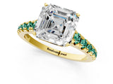 Yellow gold Asscher Cut Diamond Cathedral Solitaire Ring with Round with Green Sapphire side stone Pavé Band_13