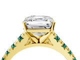 Yellow gold Asscher Cut Diamond Cathedral Solitaire Ring with Round with Green Sapphire side stone Pavé Band_16