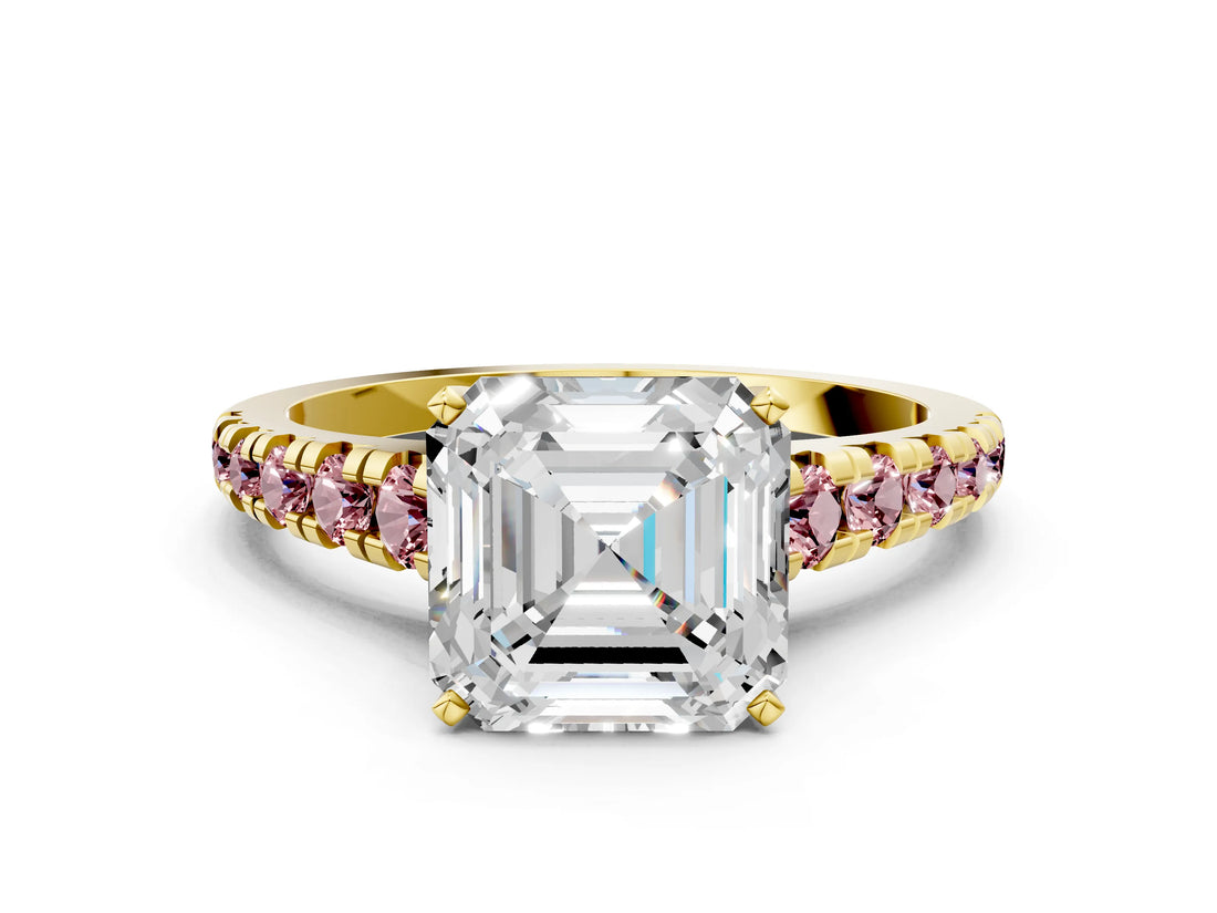 Yellow gold Asscher Cut Diamond Cathedral Solitaire Ring with Round with Morganite side stone Pavé Band_12