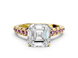 Yellow gold Asscher Cut Diamond Cathedral Solitaire Ring with Round with Morganite side stone Pavé Band_12