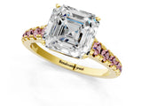 Yellow gold Asscher Cut Diamond Cathedral Solitaire Ring with Round with Morganite side stone Pavé Band_13