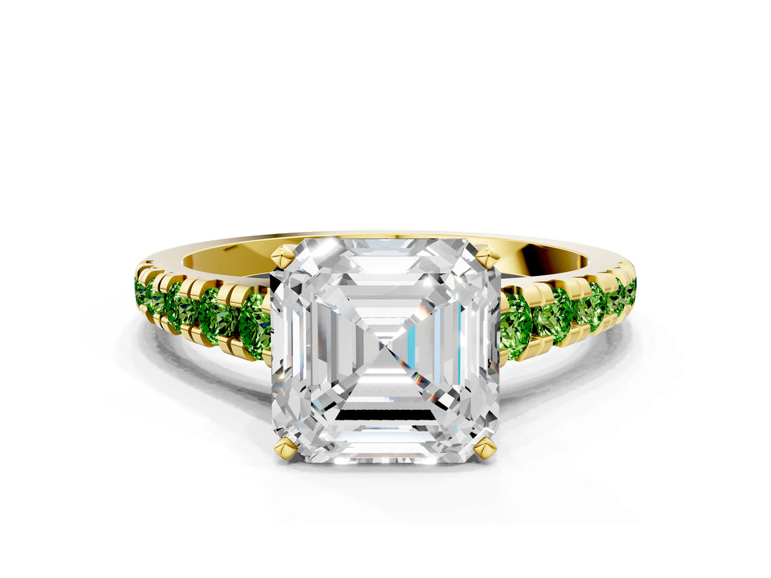 Yellow gold Asscher Cut Diamond Cathedral Solitaire Ring with Round with Peridot side stone Pavé Band