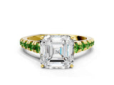 Yellow gold Asscher Cut Diamond Cathedral Solitaire Ring with Round with Peridot side stone Pavé Band