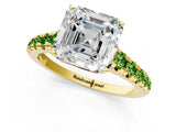 Yellow gold Asscher Cut Diamond Cathedral Solitaire Ring with Round with Peridot side stone Pavé Band_1