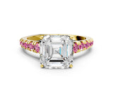 Yellow gold Asscher Cut Diamond Cathedral Solitaire Ring with Round with Pink Sapphire side stone Pavé Band_12