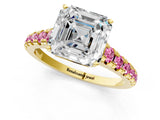 Yellow gold Asscher Cut Diamond Cathedral Solitaire Ring with Round with Pink Sapphire side stone Pavé Band_13