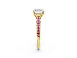 Yellow gold Asscher Cut Diamond Cathedral Solitaire Ring with Round with Pink Sapphire side stone Pavé Band_14