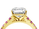 Yellow gold Asscher Cut Diamond Cathedral Solitaire Ring with Round with Pink Sapphire side stone Pavé Band_16