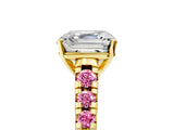 Yellow gold Asscher Cut Diamond Cathedral Solitaire Ring with Round with Pink Sapphire side stone Pavé Band_17
