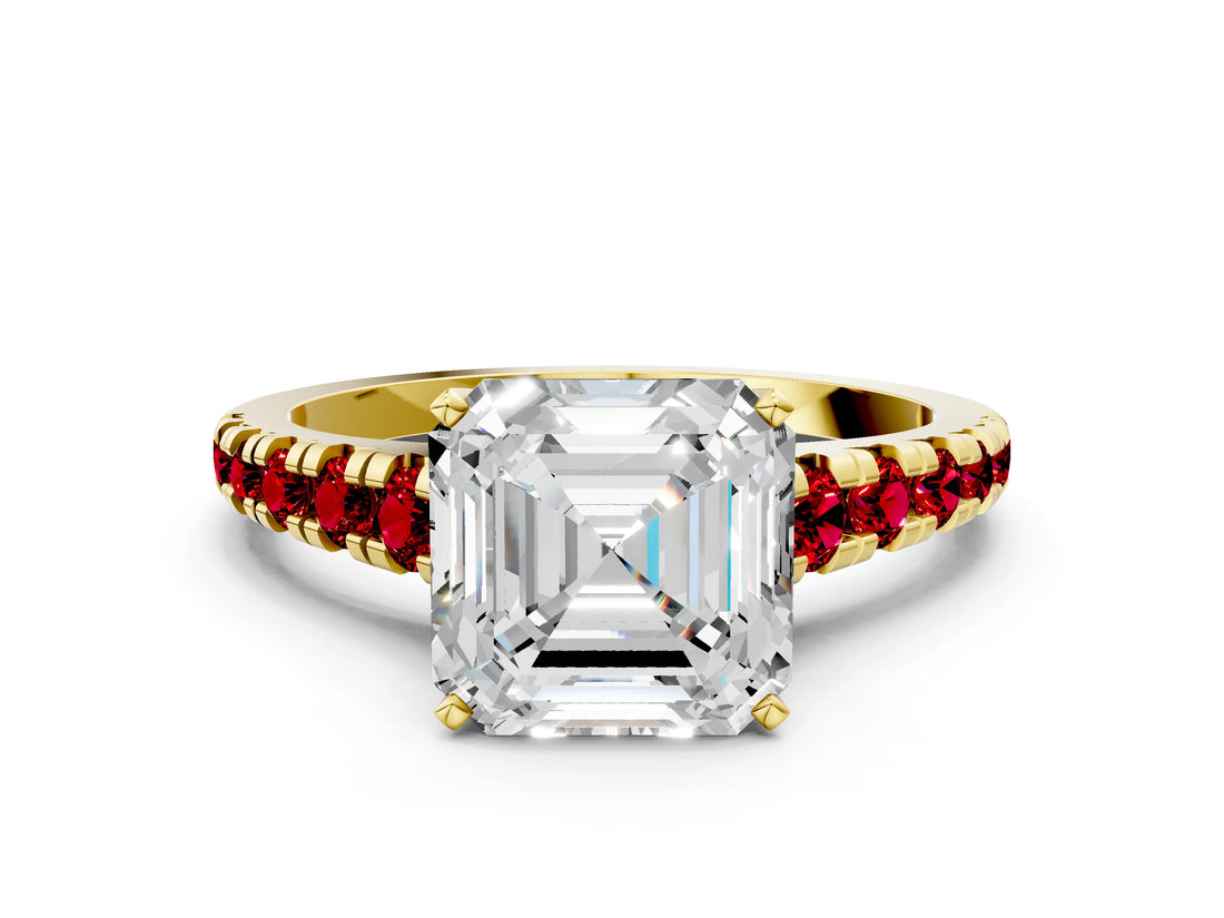 Yellow gold Asscher Cut Diamond Cathedral Solitaire Ring with Round with Ruby side stone Pavé Band_12