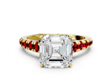 Yellow gold Asscher Cut Diamond Cathedral Solitaire Ring with Round with Ruby side stone Pavé Band_12