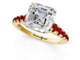 Yellow gold Asscher Cut Diamond Cathedral Solitaire Ring with Round with Ruby side stone Pavé Band_13