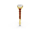 Yellow gold Asscher Cut Diamond Cathedral Solitaire Ring with Round with Ruby side stone Pavé Band_14