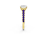 Yellow gold Asscher Cut Diamond Cathedral Solitaire Ring with Round with Tanzanite side stone Pavé Band_2