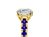 Yellow gold Asscher Cut Diamond Cathedral Solitaire Ring with Round with Tanzanite side stone Pavé Band_5