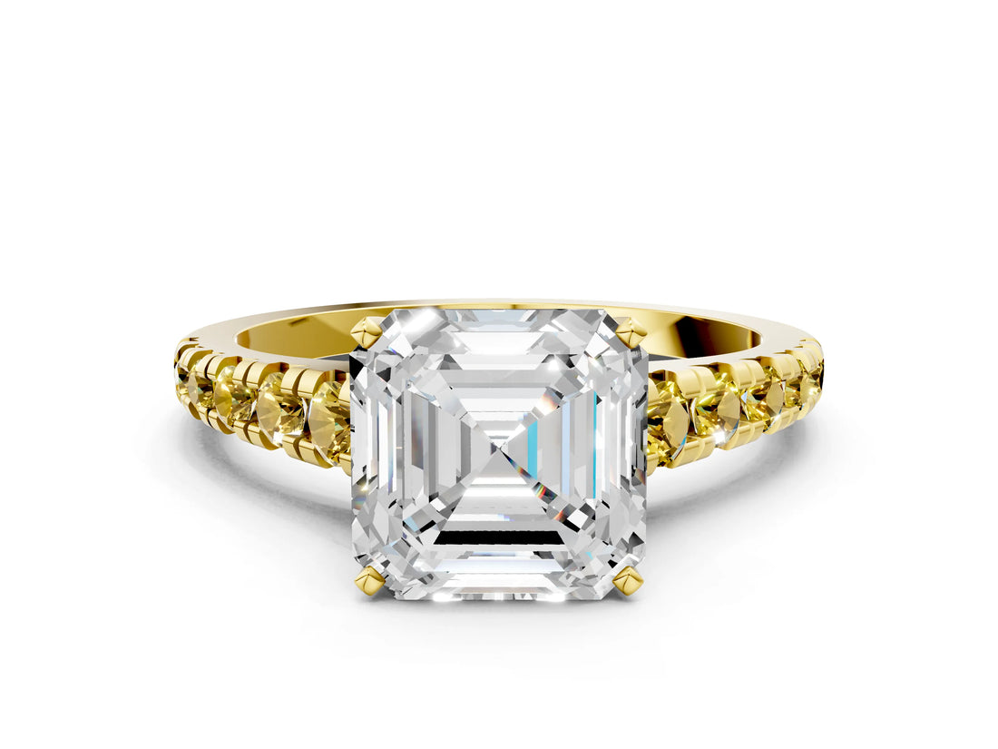 Yellow gold Asscher Cut Diamond Cathedral Solitaire Ring with Round with Yellow Sapphire side stone Pavé Band_24
