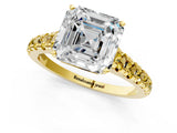 Yellow gold Asscher Cut Diamond Cathedral Solitaire Ring with Round with Yellow Sapphire side stone Pavé Band_25