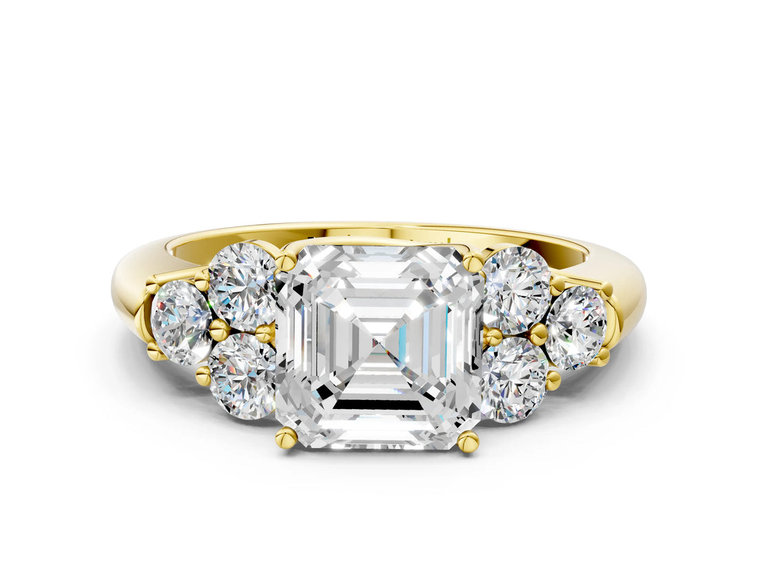 Yellow gold Asscher Cut Diamond Cluster Ring with Round Accent Stones and Prong Setting on a Classic Band_52