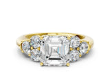 Yellow gold Asscher Cut Diamond Cluster Ring with Round Accent Stones and Prong Setting on a Classic Band_52