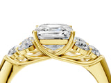 Yellow gold Asscher Cut Diamond Cluster Ring with Round Accent Stones and Prong Setting on a Classic Band_56