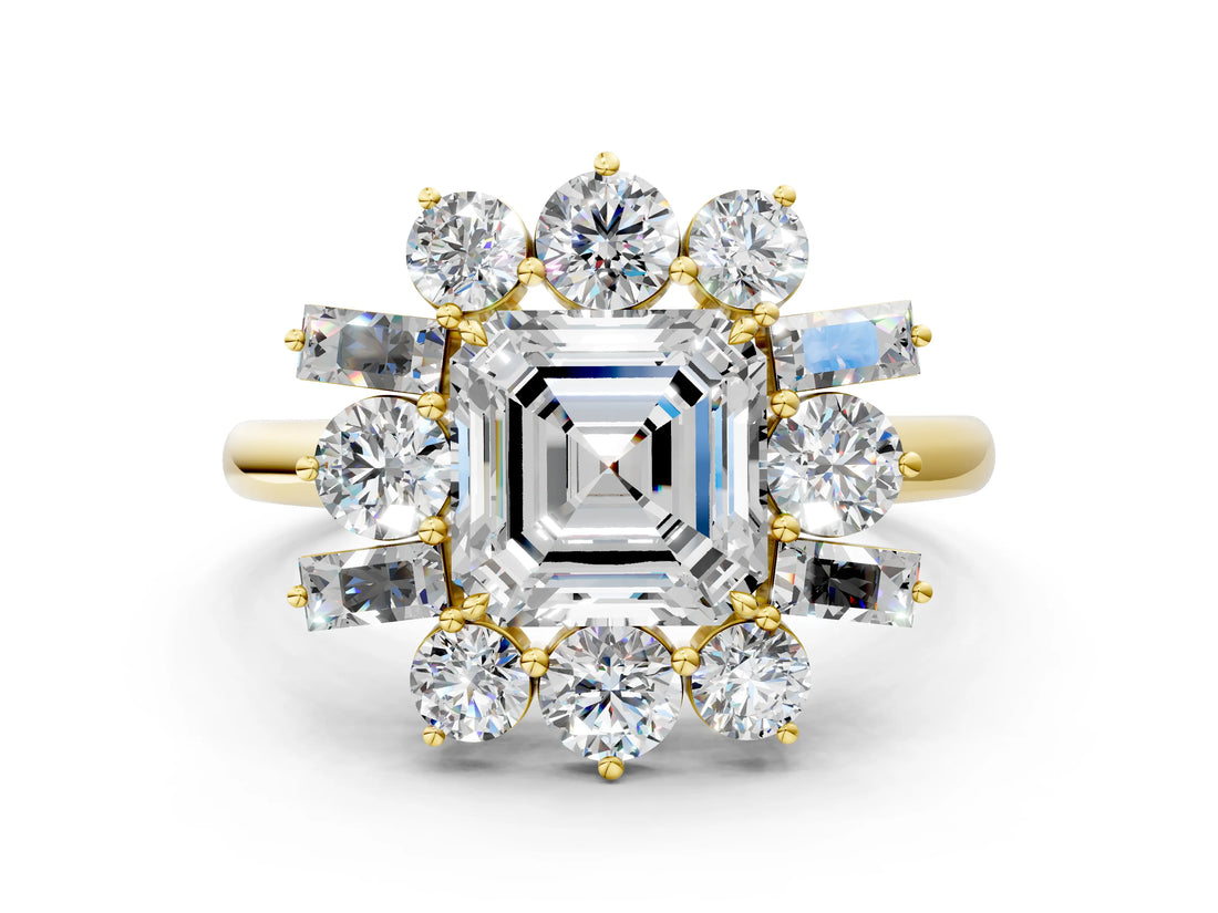 Yellow gold Asscher Cut Diamond Cluster Ring with Round and Baguette Stones, Split Shank Band, Prong Setting_3
