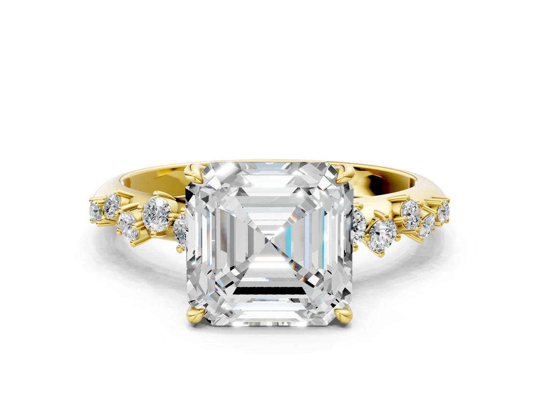 Yellow gold Asscher Cut Diamond Cluster Side Stone Solitaire Ring with Prong Setting_57