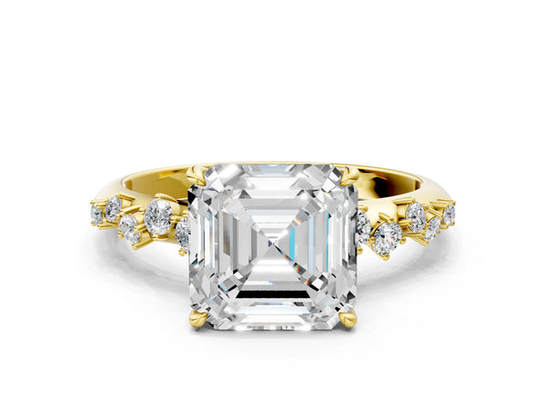 Yellow gold Asscher Cut Diamond Cluster Side Stone Solitaire Ring with Prong Setting