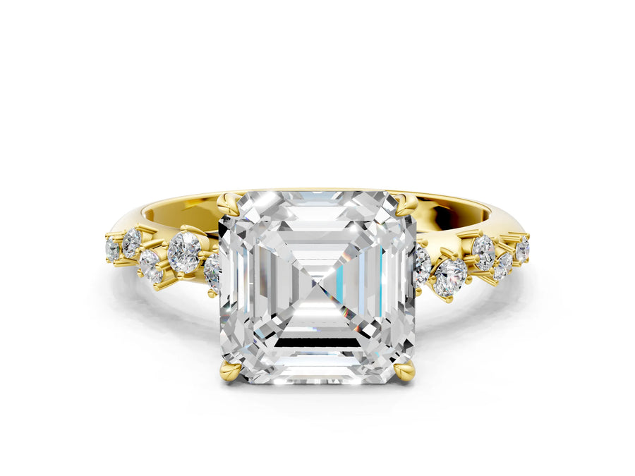 Yellow gold Asscher Cut Diamond Cluster Side Stone Solitaire Ring with Prong Setting