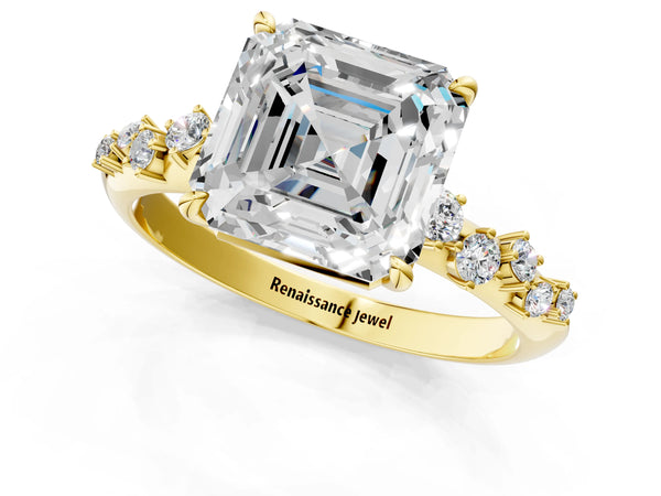 Yellow gold Asscher Cut Diamond Cluster Side Stone Solitaire Ring with Prong Setting