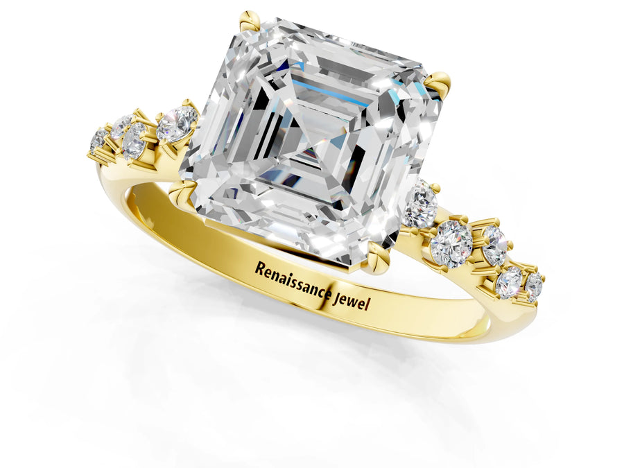 Yellow gold Asscher Cut Diamond Cluster Side Stone Solitaire Ring with Prong Setting