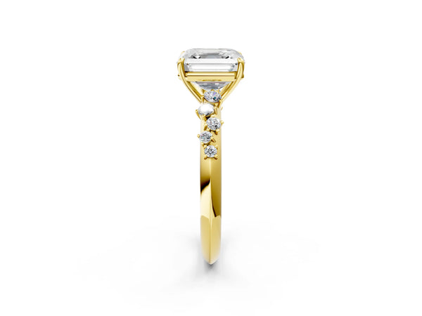 Yellow gold Asscher Cut Diamond Cluster Side Stone Solitaire Ring with Prong Setting