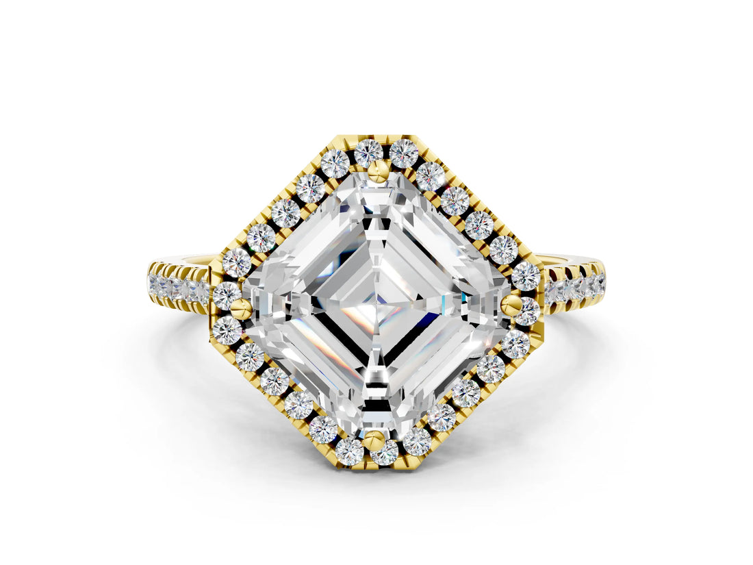 Yellow gold Asscher Cut Diamond Cushion Halo Ring with Pavé Band_15