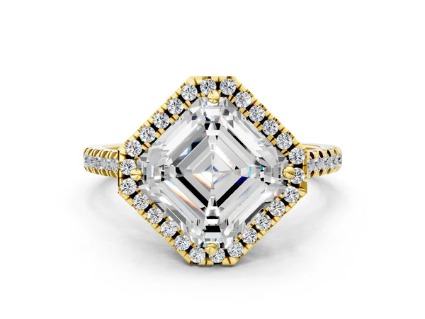 Yellow Gold Asscher Cut Contoured Halo Pave Engagement Ring Setting