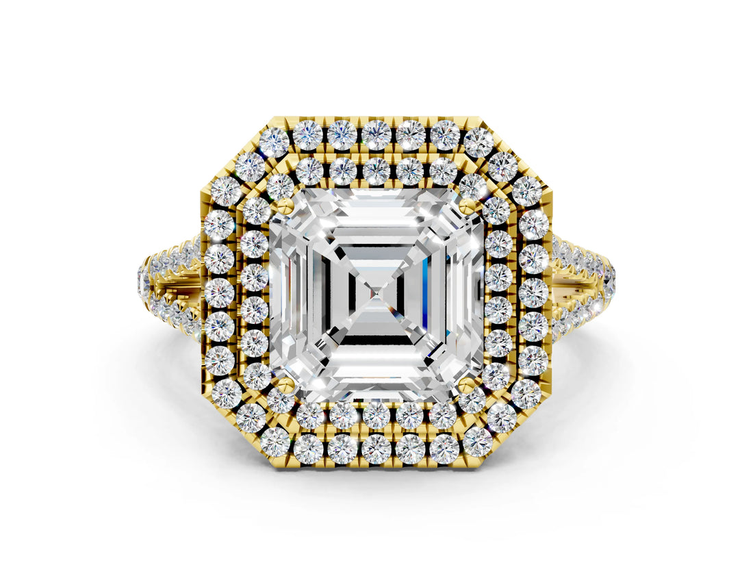 Yellow gold Asscher Cut Diamond Double Halo Ring with Pavé Band and Prong Setting_43