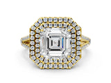 Yellow gold Asscher Cut Diamond Double Halo Ring with Pavé Band and Prong Setting_43