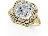 Yellow gold Asscher Cut Diamond Double Halo Ring with Pavé Band and Prong Setting_44