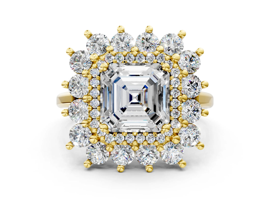 Yellow gold Asscher Cut Diamond Floral Double Halo Engagement Ring with Prong Setting_17