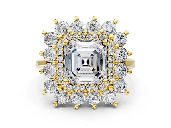 Yellow Gold Asscher Cut Floral Double Halo Engagement Ring Setting