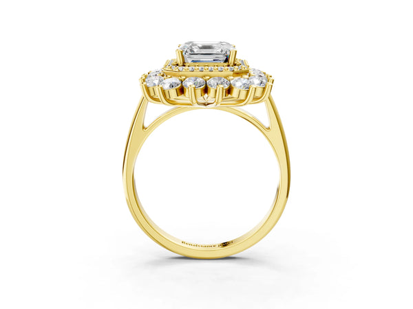 Yellow Gold Asscher Cut Floral Double Halo Engagement Ring Setting