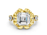 Yellow gold Asscher Cut Diamond Floral Halo Engagement Ring with Shared Prong Setting 1