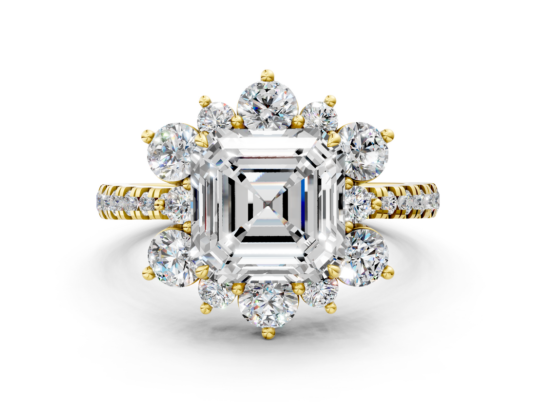 Yellow gold Asscher Cut Diamond Floral Halo Pave Band with Prong Setting_22