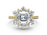 Yellow gold Asscher Cut Diamond Floral Halo Pave Band with Prong Setting_22