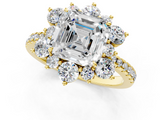 Yellow gold Asscher Cut Diamond Floral Halo Pave Band with Prong Setting_23