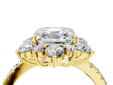 Yellow gold Asscher Cut Diamond Floral Halo Pave Band with Prong Setting_26