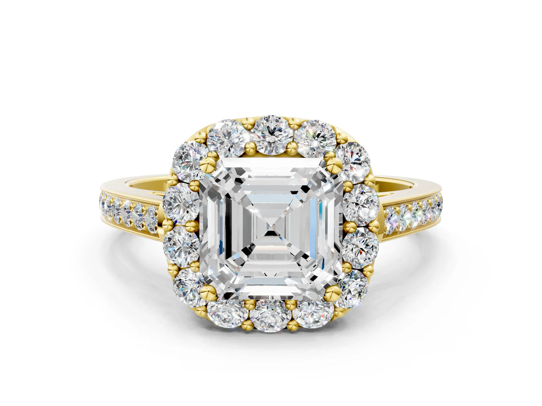 Yellow gold Asscher Cut Diamond Floral Halo Ring with Pavé Band and Prong Setting_3