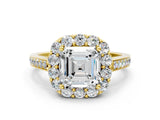 Yellow gold Asscher Cut Diamond Floral Halo Ring with Pavé Band and Prong Setting_3