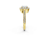 Yellow gold Asscher Cut Diamond Floral Halo Ring with Pavé Band and Prong Setting_5